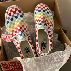 Rainbow checkered Vans slip ons W 12 M 10.5